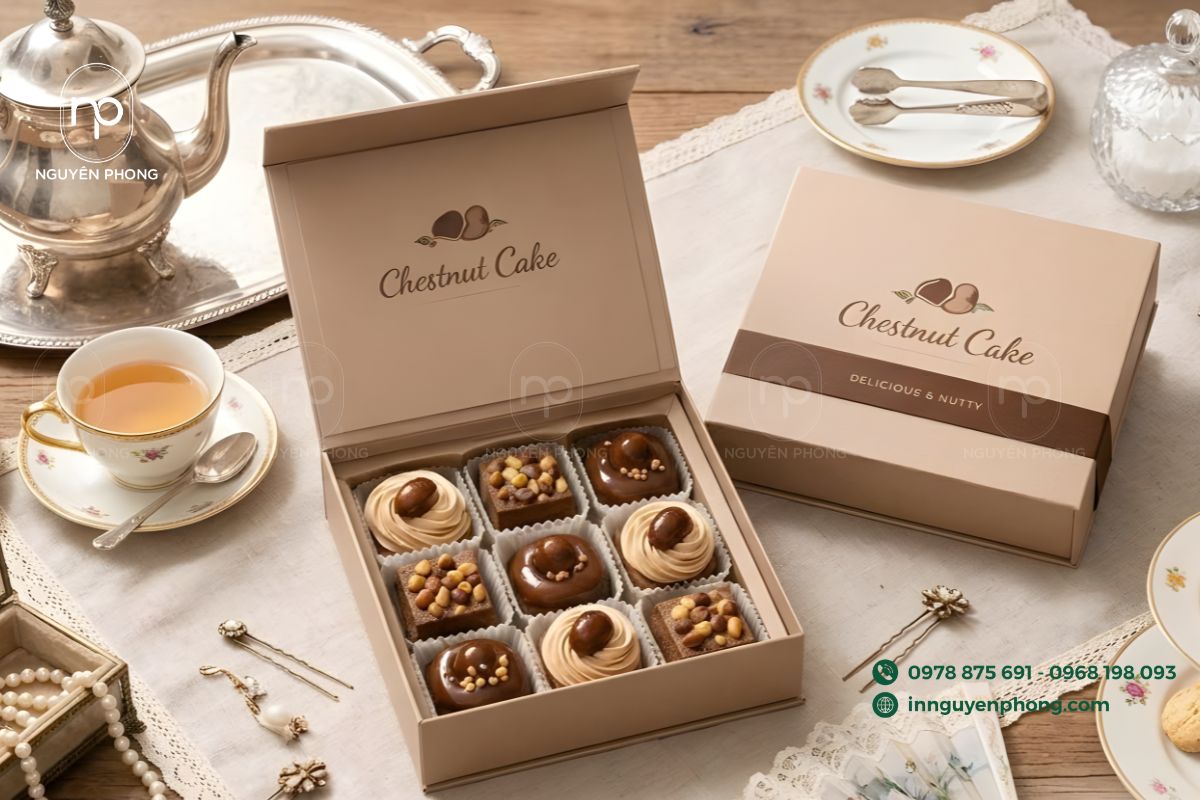 In hộp giấy đựng bánh hạt dẻ cao cấp

